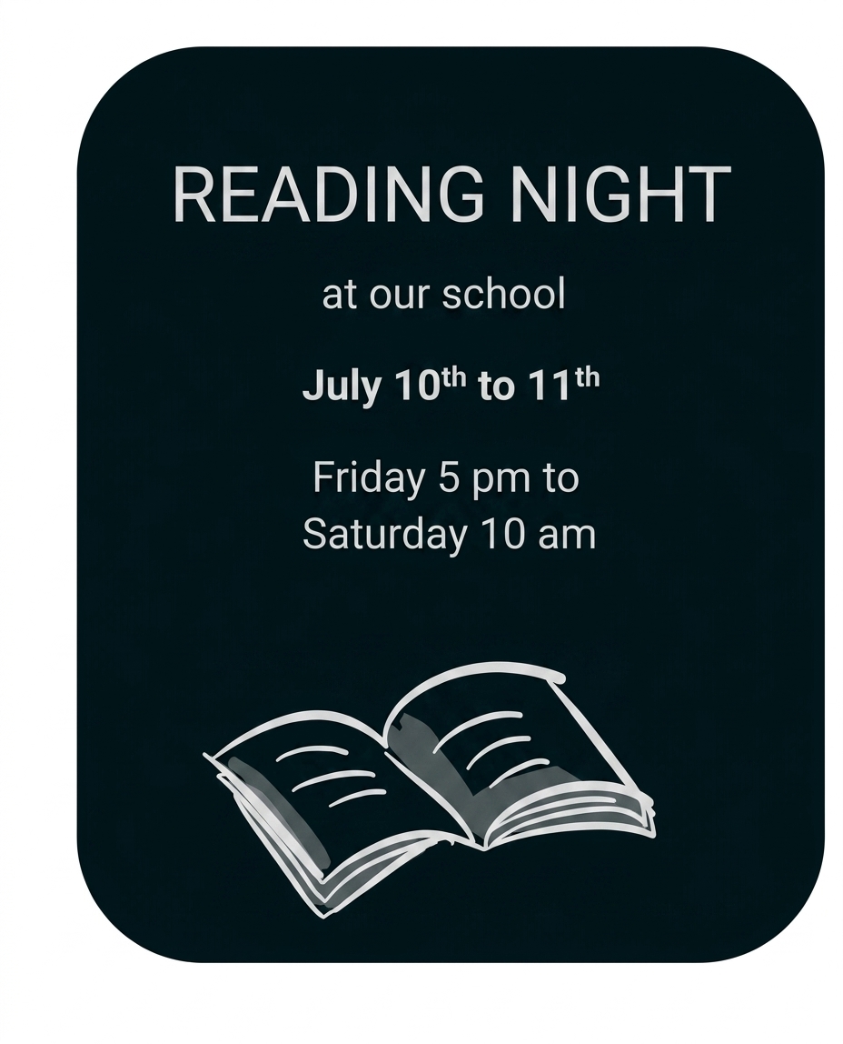 Plakat für eine Reading Night in der Schule mit Datum, Uhrzeit und Buchsymbol.